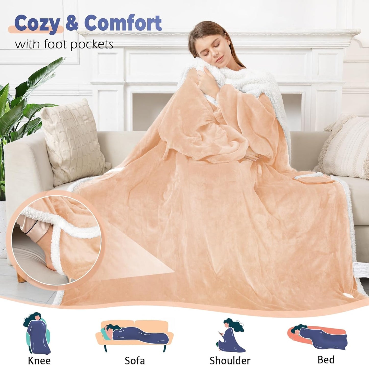 Wearable Heated Blanket with Foot Pocket