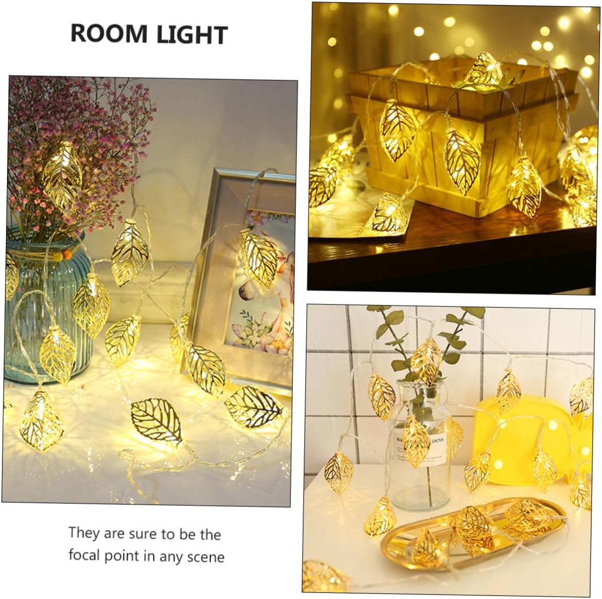 LED Golden Leaf String Light Hollow Iron Design Battery