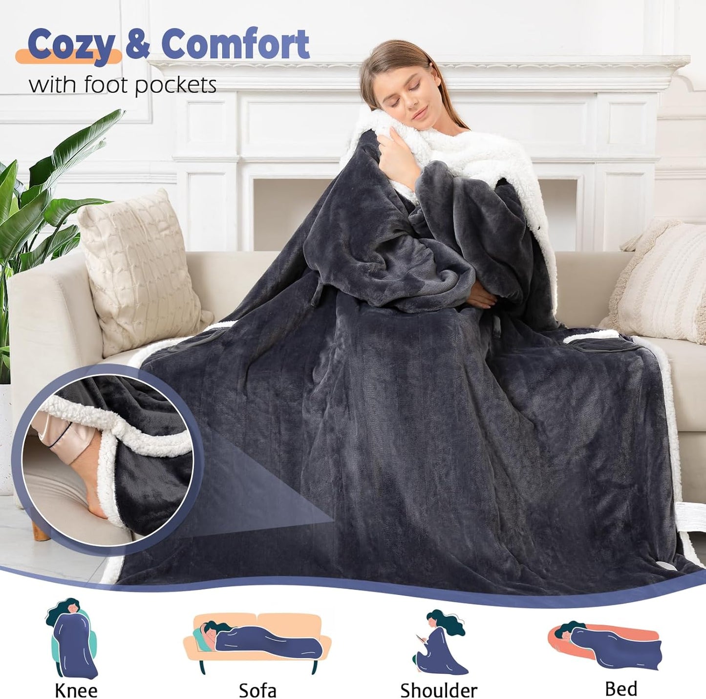 Wearable Heated Blanket with Foot Pocket